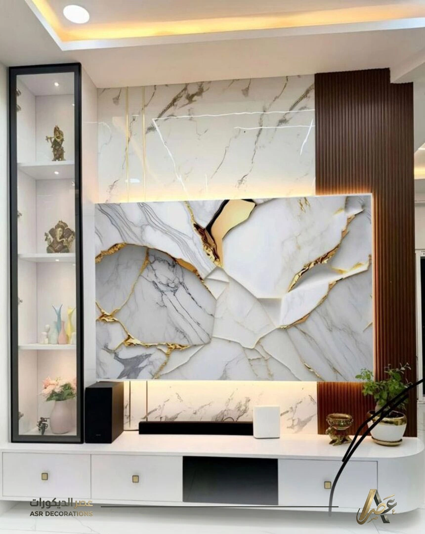 ديكور خلفية تلفزيون بديل الرخام وبديل الخشب في الخبر
