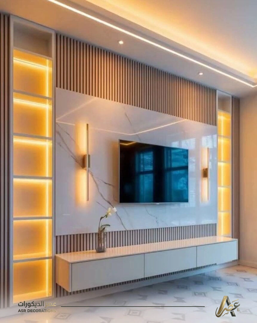 ديكور خلفية تلفزيون بديل الرخام وبديل الخشب في الخبر