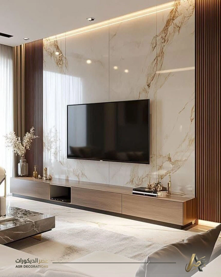 ديكور خلفية تلفزيون بديل الرخام وبديل الخشب في الخبر