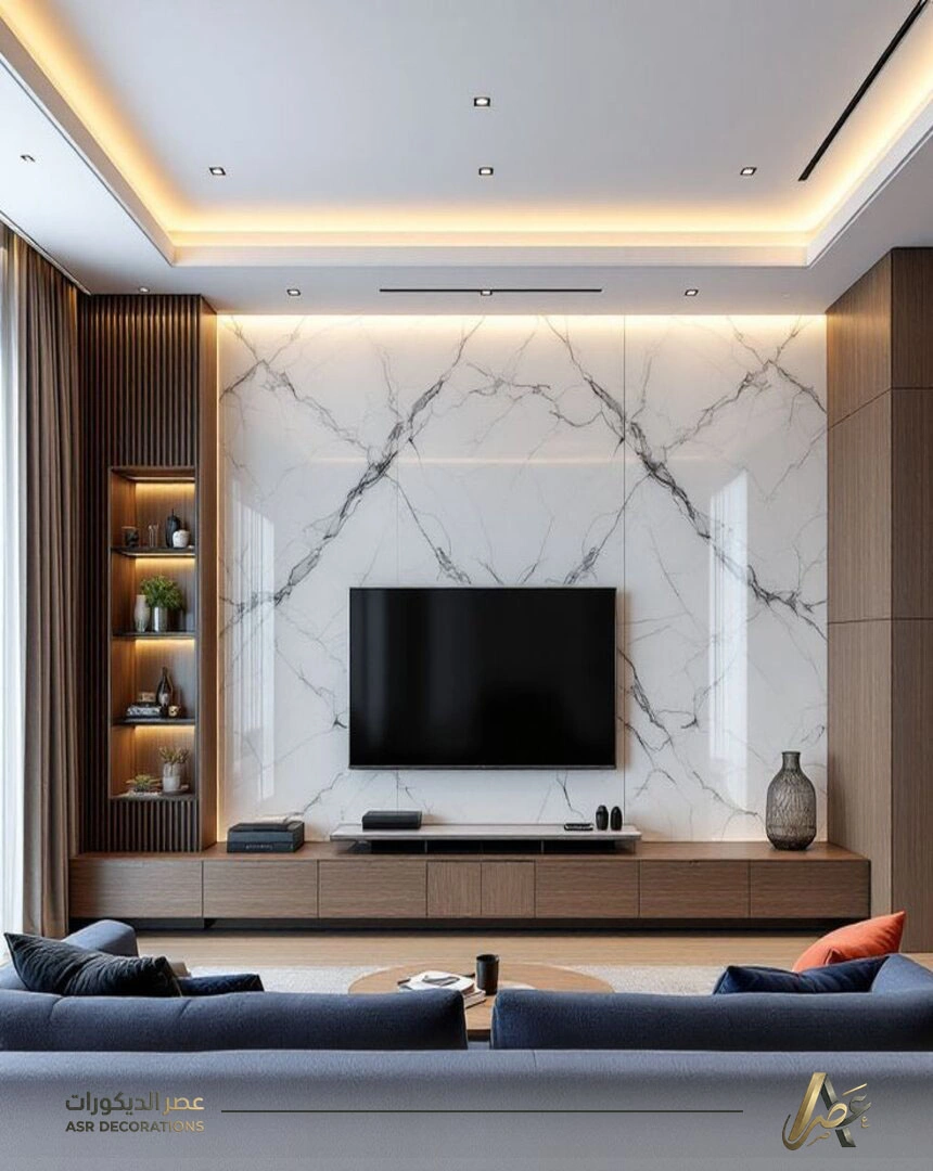 ديكور خلفية تلفزيون بديل الرخام وبديل الخشب في الخبر